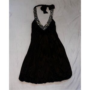 Black Y2K Halter Dress with Bead Detail and Bubble Hem, Sz Medium